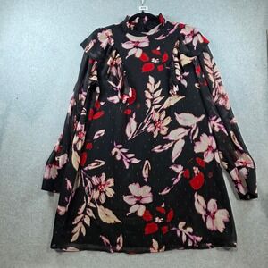 Sanctuary Womens Black Floral Metallic Ruffle Mini Dress Long Sleeve Size L